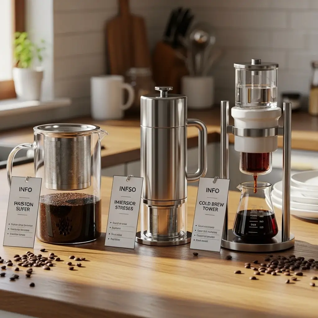 Three cold brew makers displayed side by side on a kitchen counter with descriptive tags and coffee beans.
