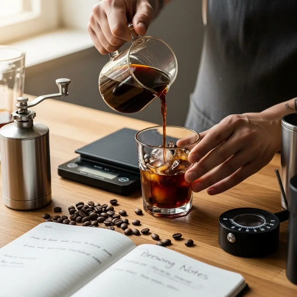 Barista pouring cold brew coffee into a glass with ice, surrounded by brewing tools and notes.