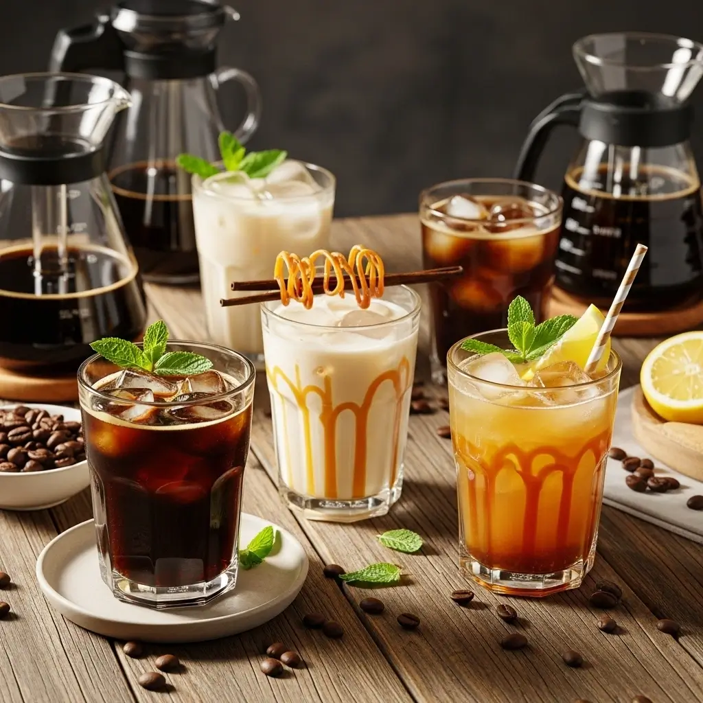 Assorted cold brew coffee recipes in glasses with various garnishes, displayed on a wooden table with cold brew makers nearby.