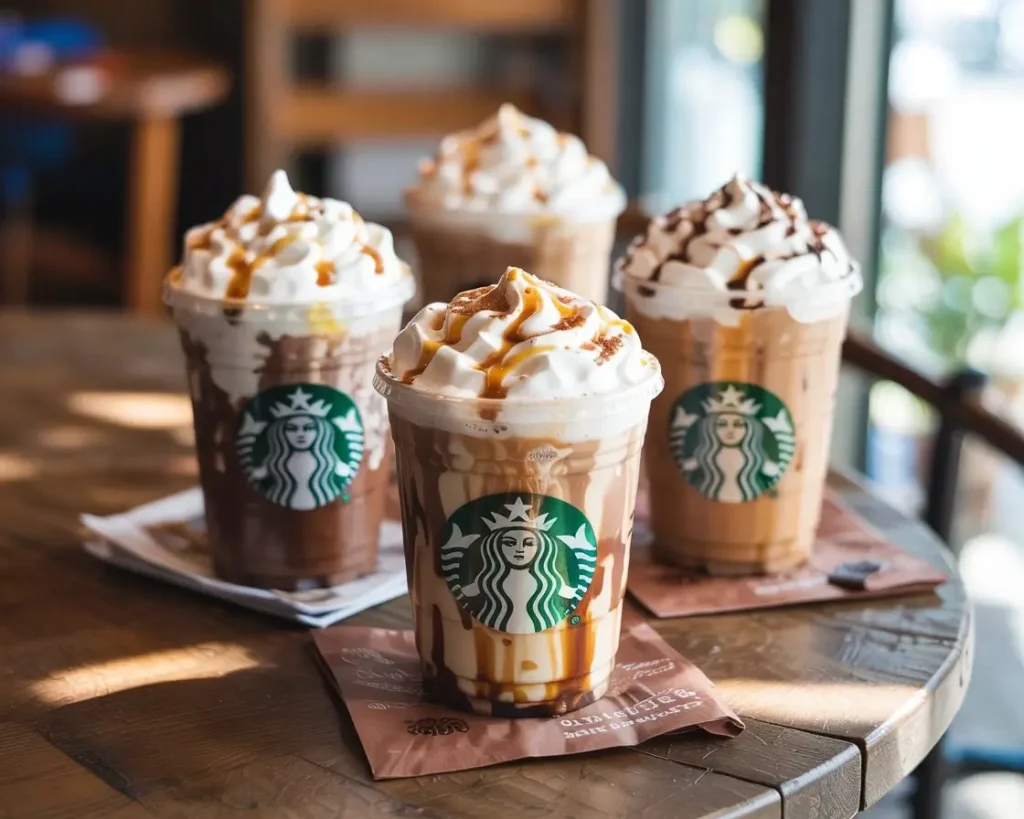 Starbucks cold foam drinks with creamy foam toppings and drizzles of caramel, cinnamon, and chocolate on a wooden table.