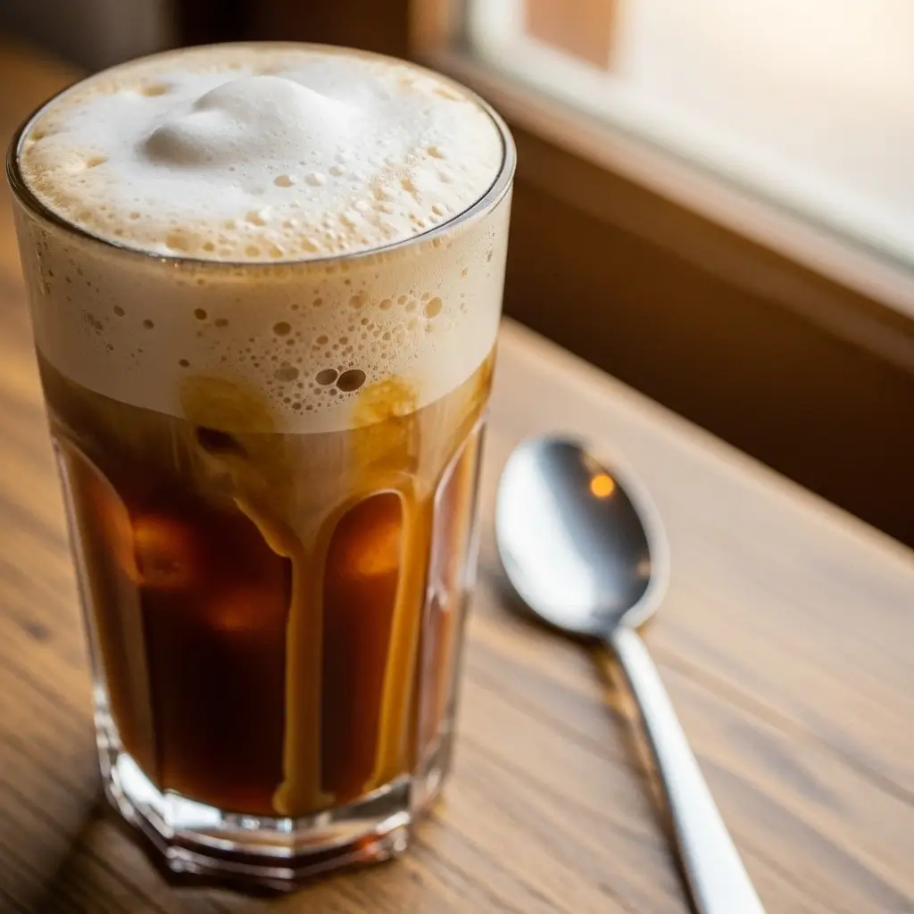 Close-up of iced coffee with thick cold foam and caramel drizzle on a wooden table.