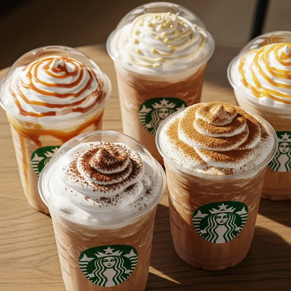 Five Starbucks cold foam drinks with different flavored foams like caramel, vanilla, mocha, cinnamon, and honey on a wooden table.