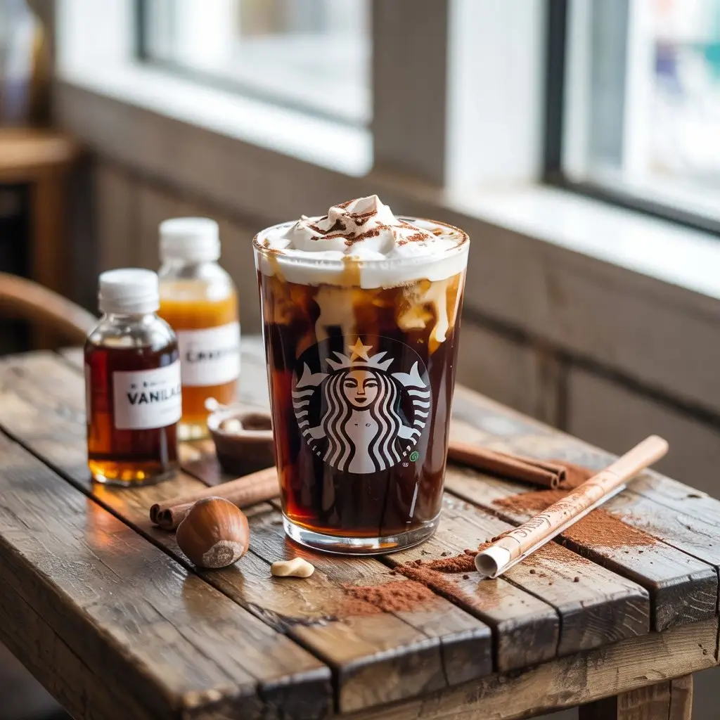 Cold foam iced coffee with surrounding syrup bottles, cinnamon sticks, caramel drizzle, and cocoa powder on a wooden table.