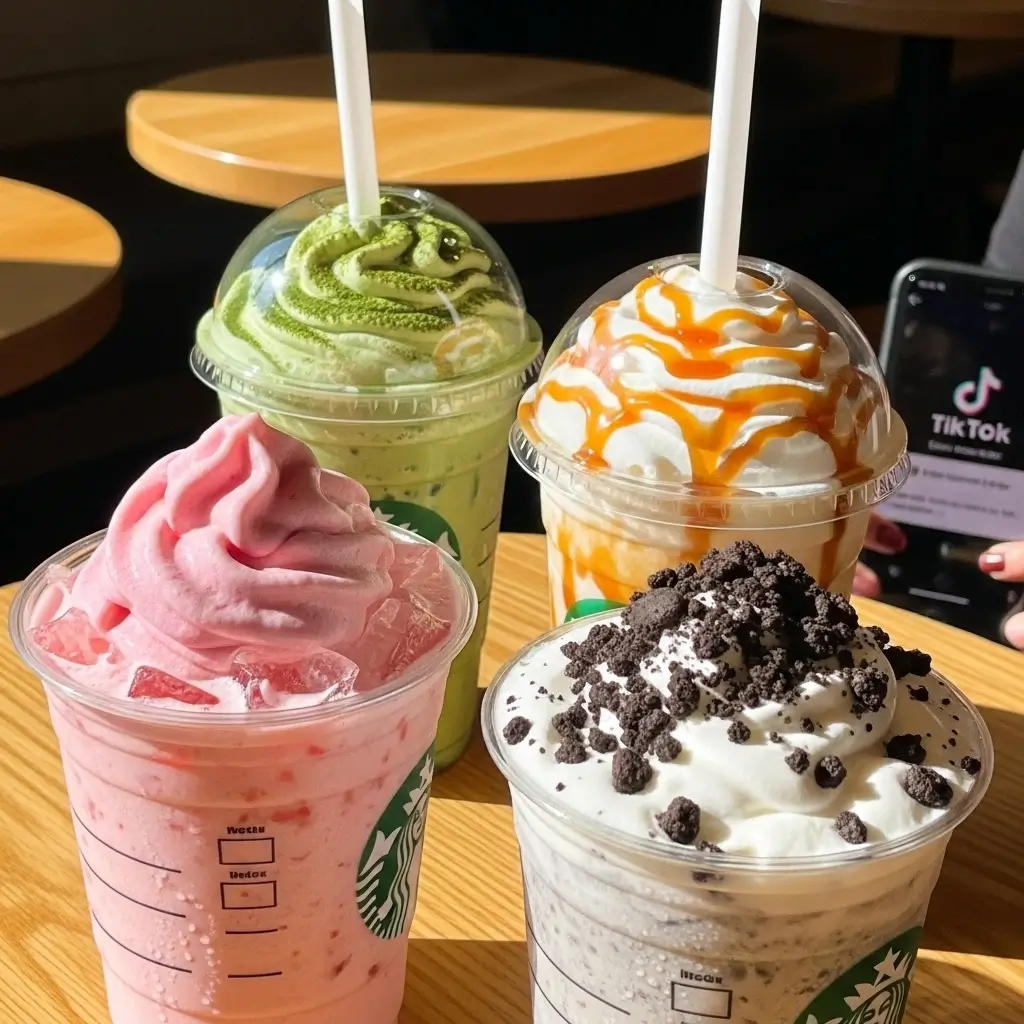 Colorful Starbucks cold foam drinks with varied foam toppings like strawberry, matcha, caramel, and cookie crumble on a wooden table with a smartphone showing TikTok.