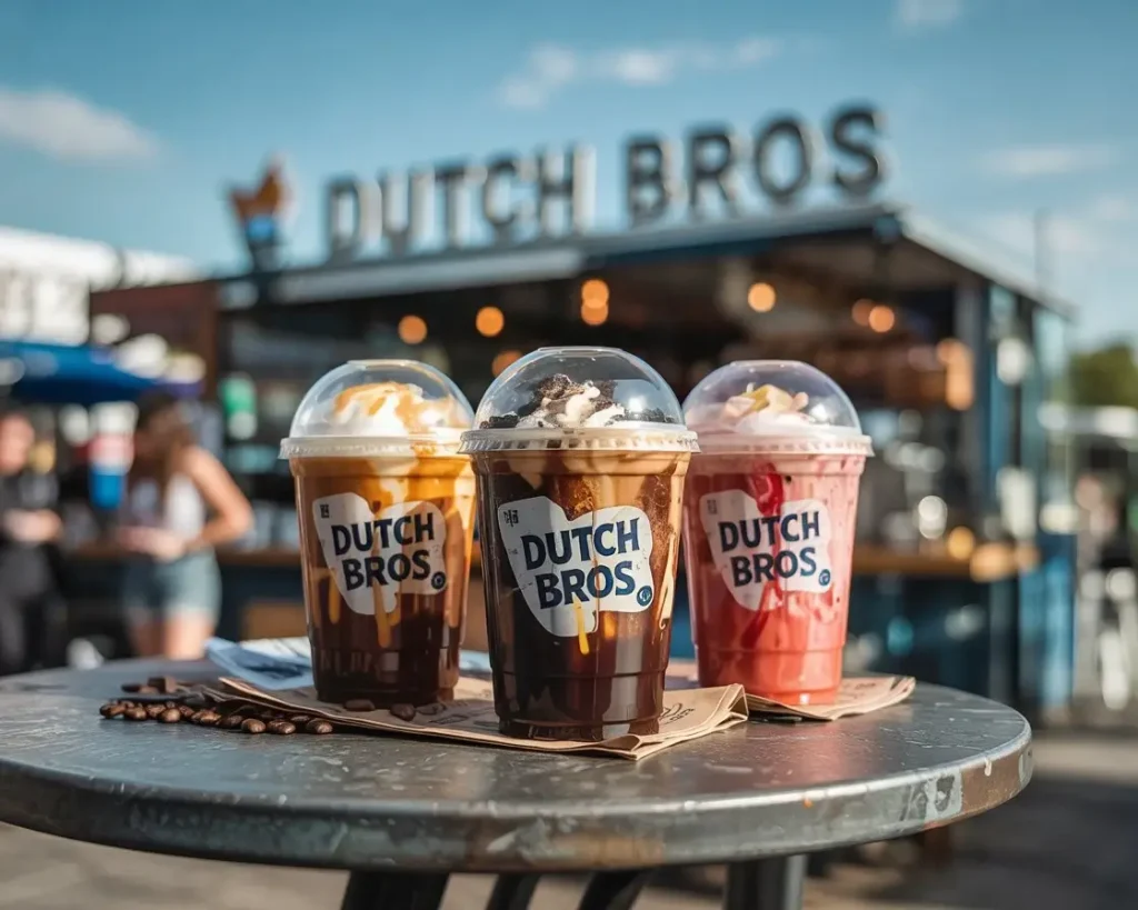 Three Dutch Bros cold brew drinks with colorful toppings on an outdoor café table in front of a Dutch Bros stand.