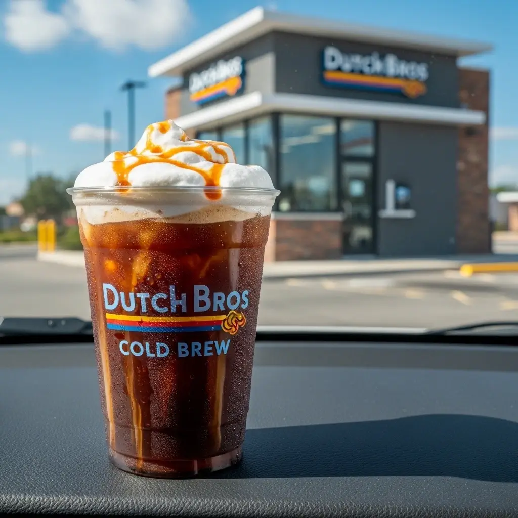 Dutch Bros cold brew with cold foam and caramel drizzle on a car dashboard with a Dutch Bros stand in the background.