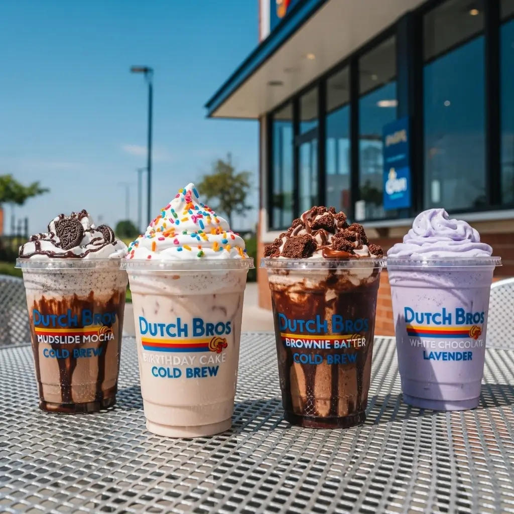 Four Dutch Bros cold brew drinks with colorful toppings like sprinkles, brownie bits, and lavender foam on an outdoor table.