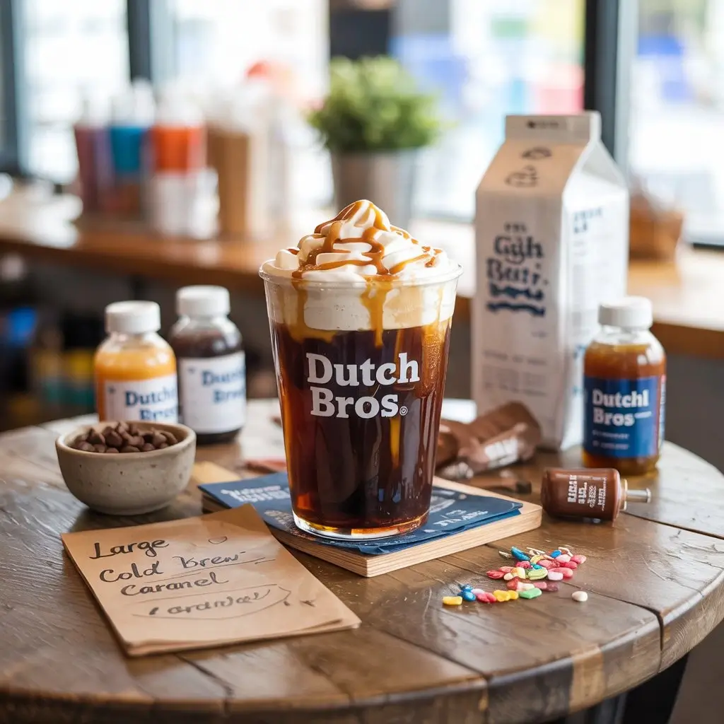 Dutch Bros cold brew with syrups, caramel, chocolate chips, and milk options for customizing your drink on a wooden table.
