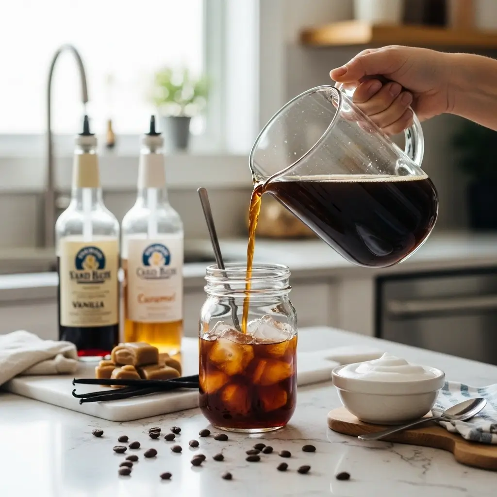 Homemade cold brew being poured into a mason jar with syrups and soft top nearby on a cozy kitchen counter.