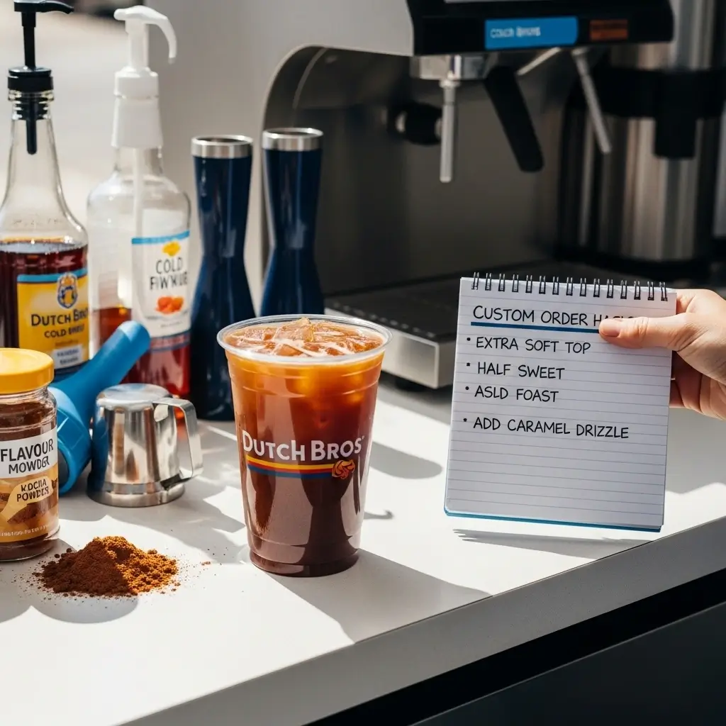 Dutch Bros cold brew on a drive-thru counter with barista tips and syrup tools in the background.