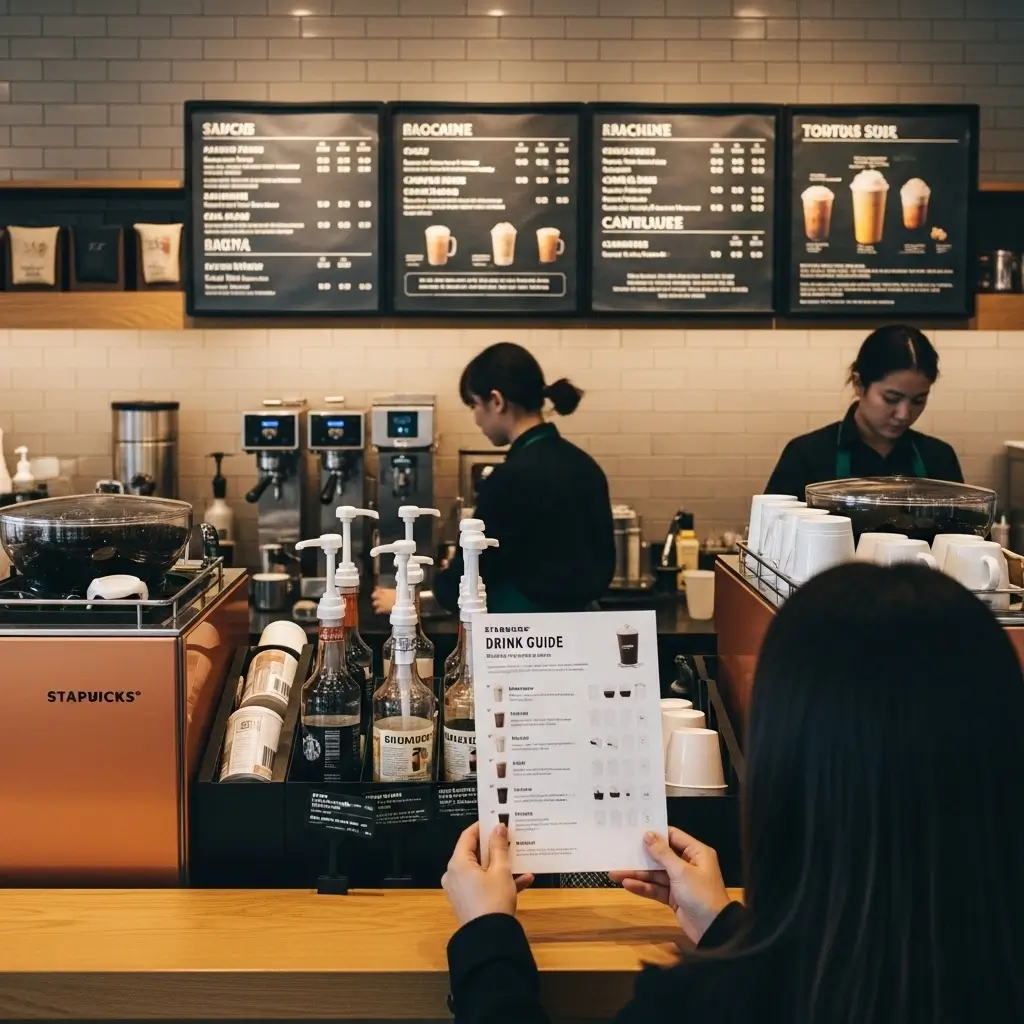 Customer showing a custom drink order on their phone while a Starbucks barista writes it on a cup at the counter.