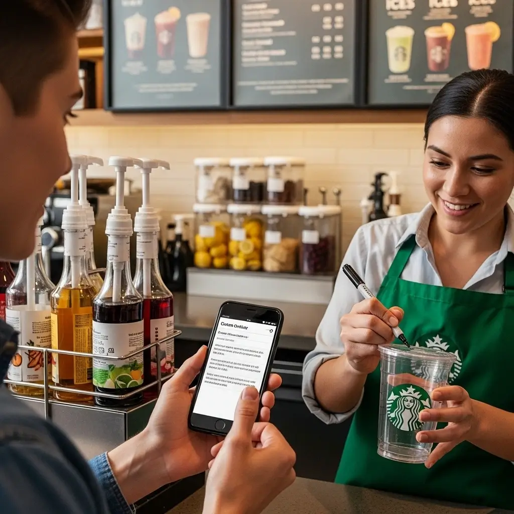 Inside a Starbucks store with a visible drink menu, a customer checking a printed drink guide at the counter.
