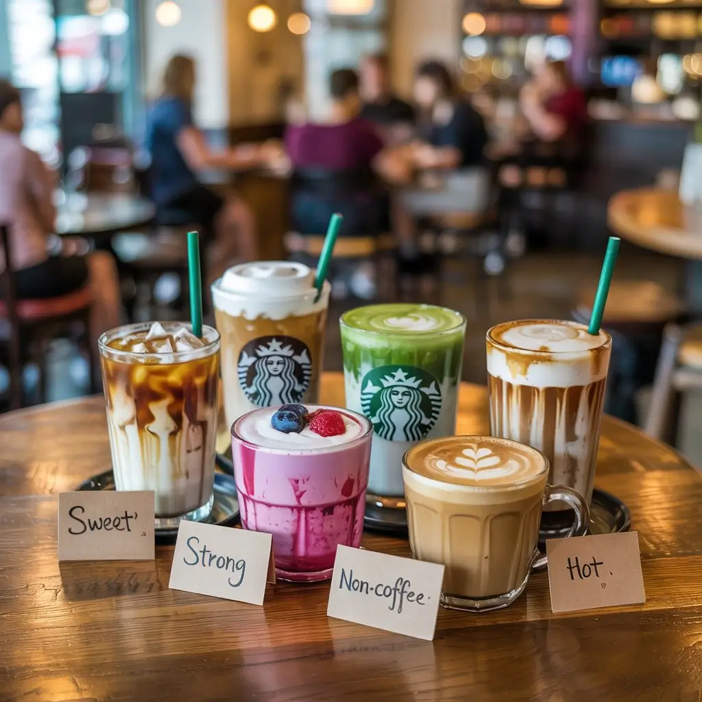 Five Starbucks drinks on a table labeled by taste preferences: sweet, strong, light, non-coffee, and hot.