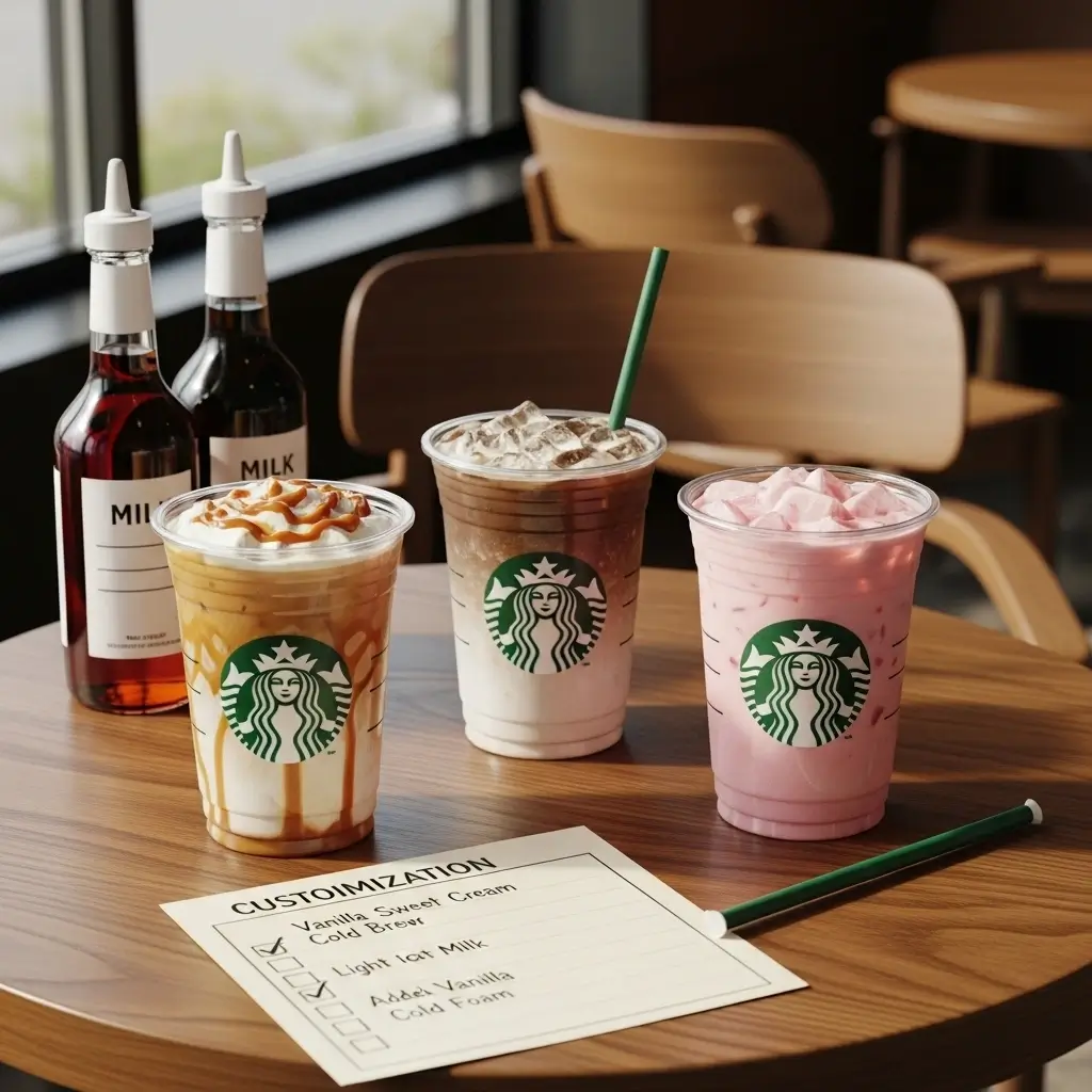 Customized Starbucks drinks on a café table with syrups, milk options, and a handwritten customization list.