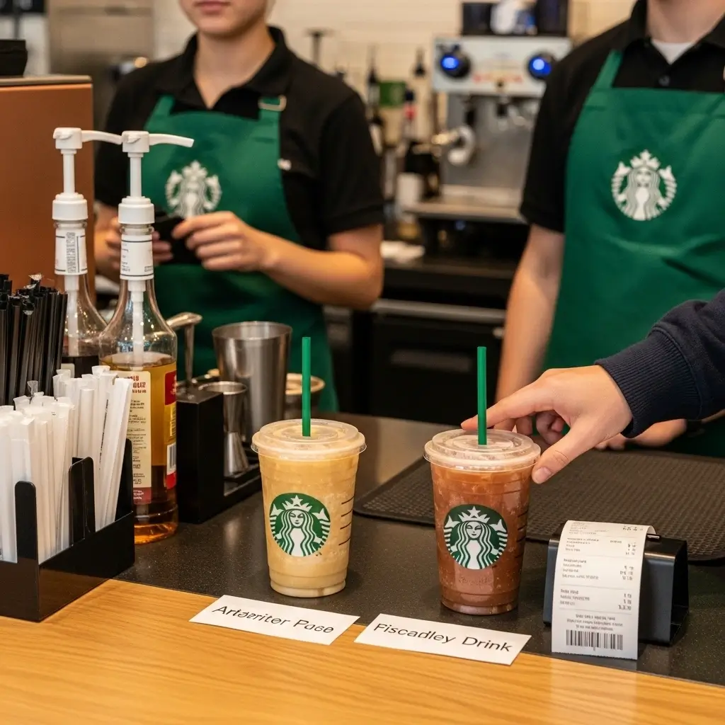A Starbucks customer checking a mislabeled drink while a barista explains the order at the pickup counter.