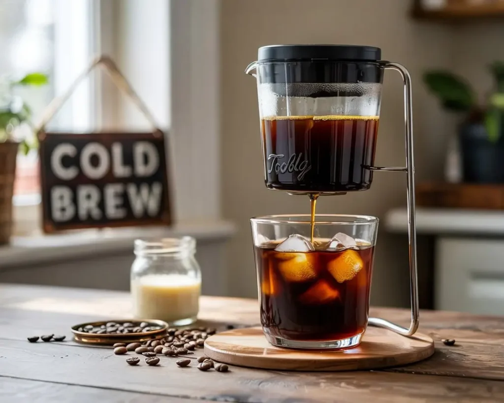 Toddy cold brew coffee maker brewing dark cold brew into iced glass with coffee beans and vanilla cream nearby.