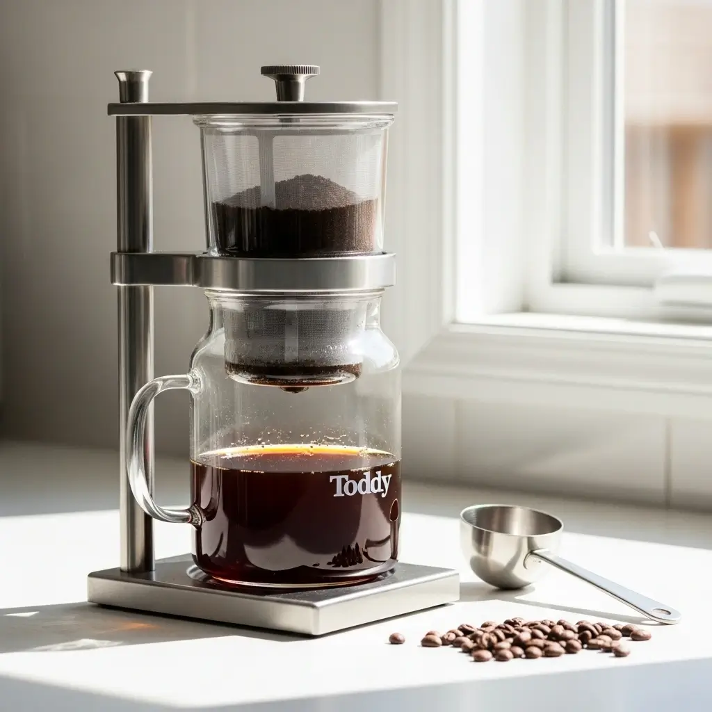 Toddy cold brew coffee maker with coffee grounds and fresh cold brew on kitchen counter with coffee scoop and beans.