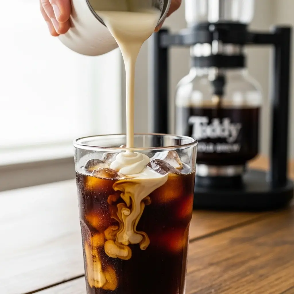Pouring vanilla sweet cream into iced Toddy cold brew coffee with Toddy brewer in background.