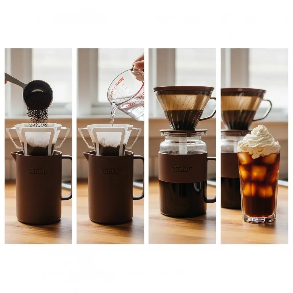 Step-by-step making cold brew coffee with Toddy system, ending with iced cold brew topped with vanilla sweet cream.