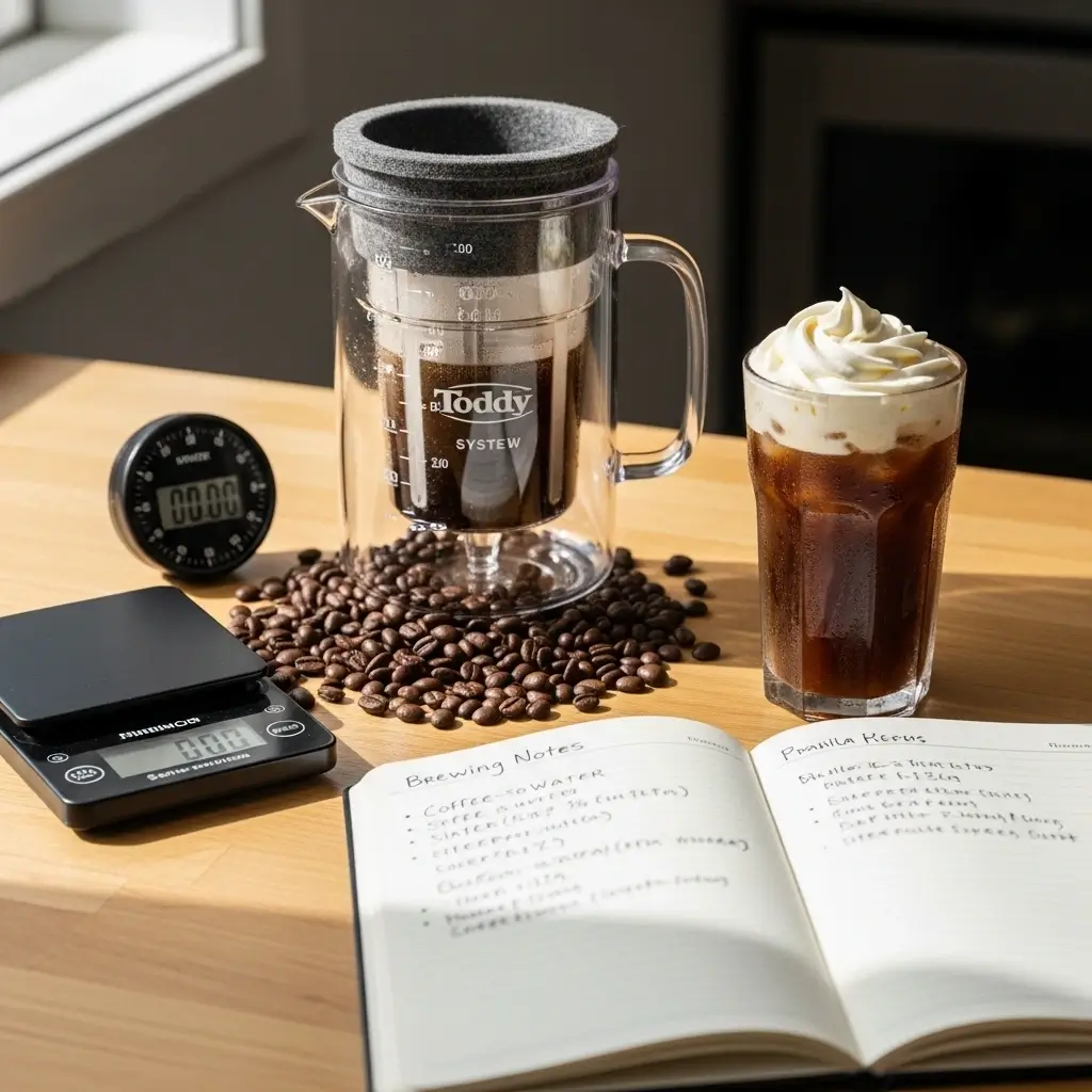 Toddy cold brew system with coffee beans, scale, timer, iced coffee with cream, and brewing notes on wooden counter.