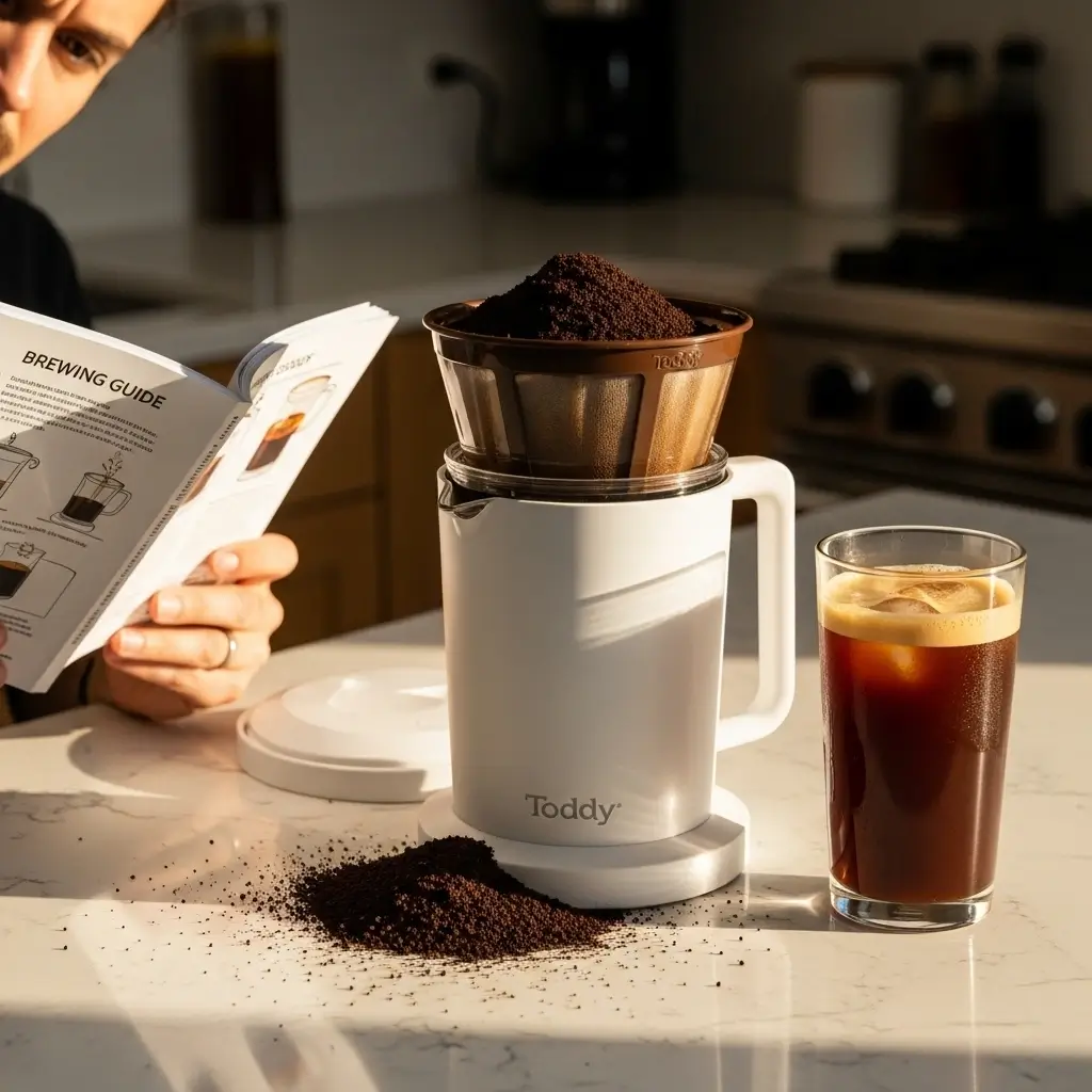 Toddy cold brew maker with spilled coffee grounds, overfilled filter, and brewing guide next to a glass of cold brew.