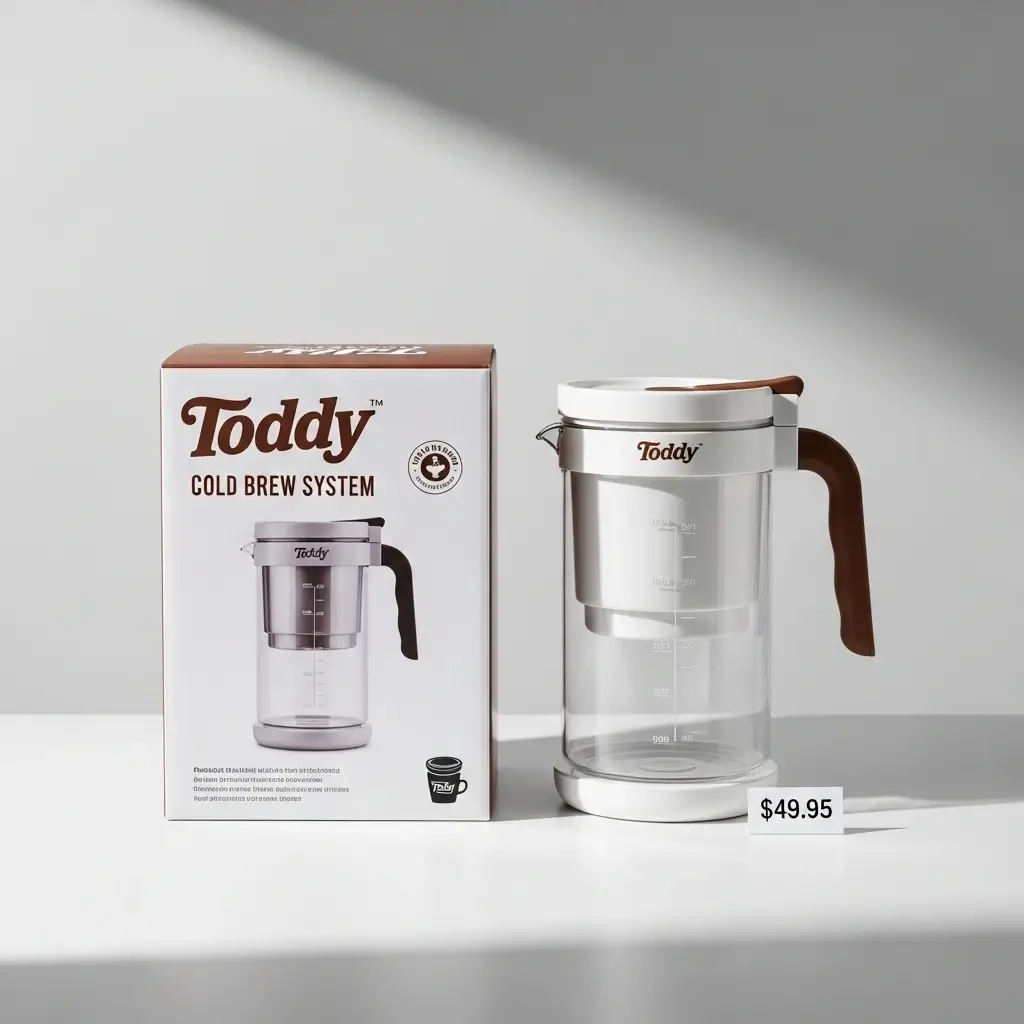 Toddy cold brew system box and assembled brewer with price tag on white countertop.