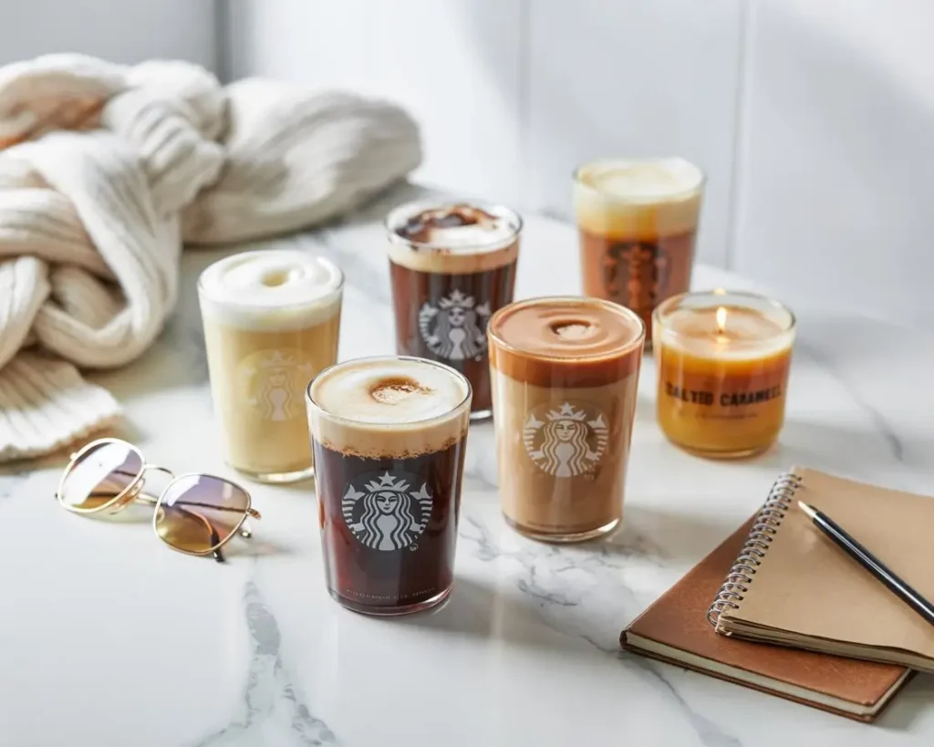 Lineup of Starbucks cold foam drinks in different flavors on marble counter with mood-themed props.