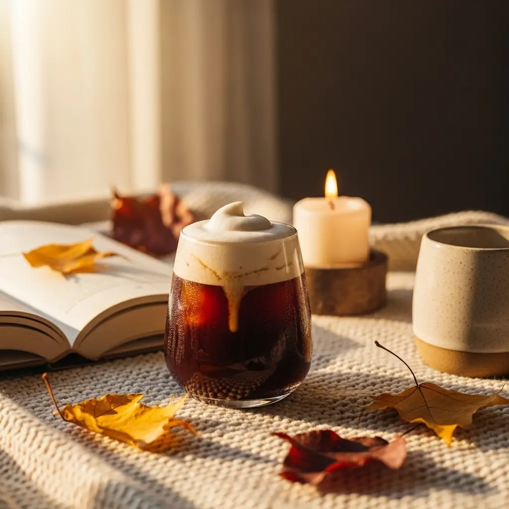 Vanilla sweet cream cold foam cold brew on cozy blanket with candle, book, and warm decor.