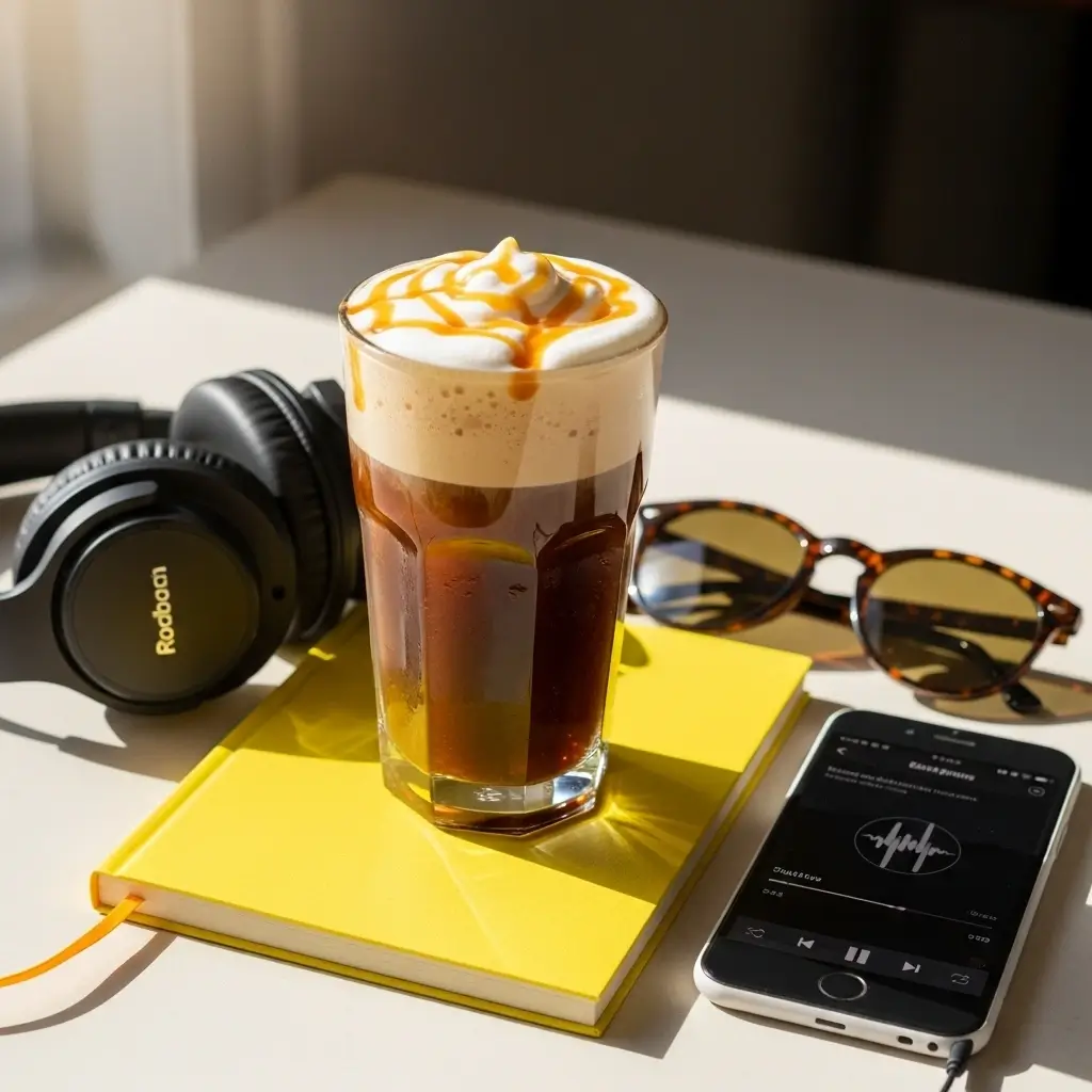 Salted caramel cold foam cold brew on desk with yellow notepad, headphones, and sunglasses in bright light.