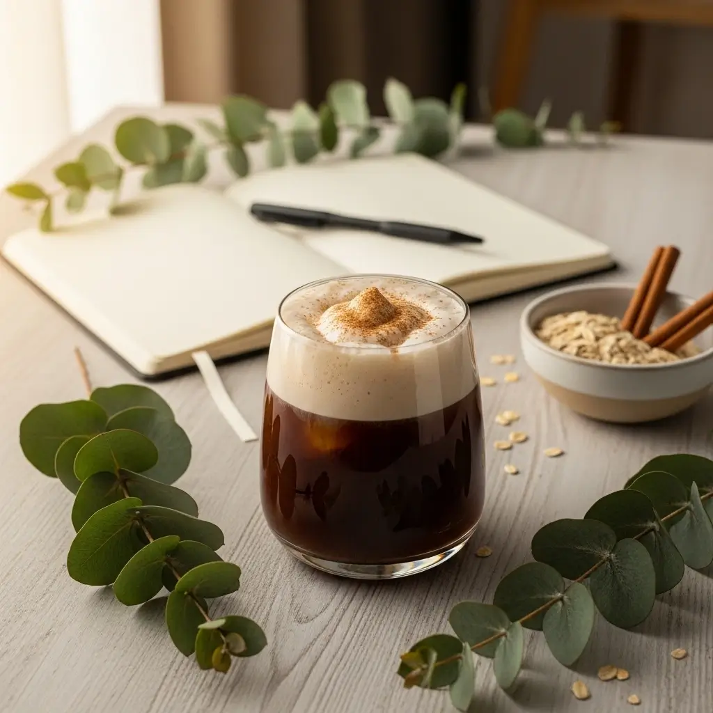 Cinnamon oatmilk cold foam cold brew on wood table with eucalyptus, journal, and cinnamon sticks in soft light.