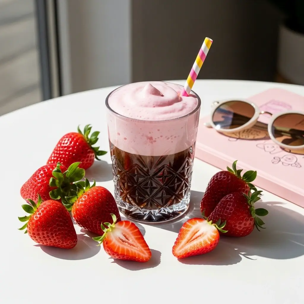 Strawberry cold foam cold brew with pink foam, fresh strawberries, and fun accessories on a bright table.