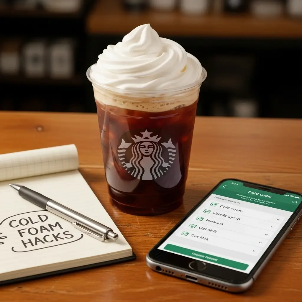 Starbucks cold foam cold brew next to phone with order screen and notepad with cold foam tips on café counter.