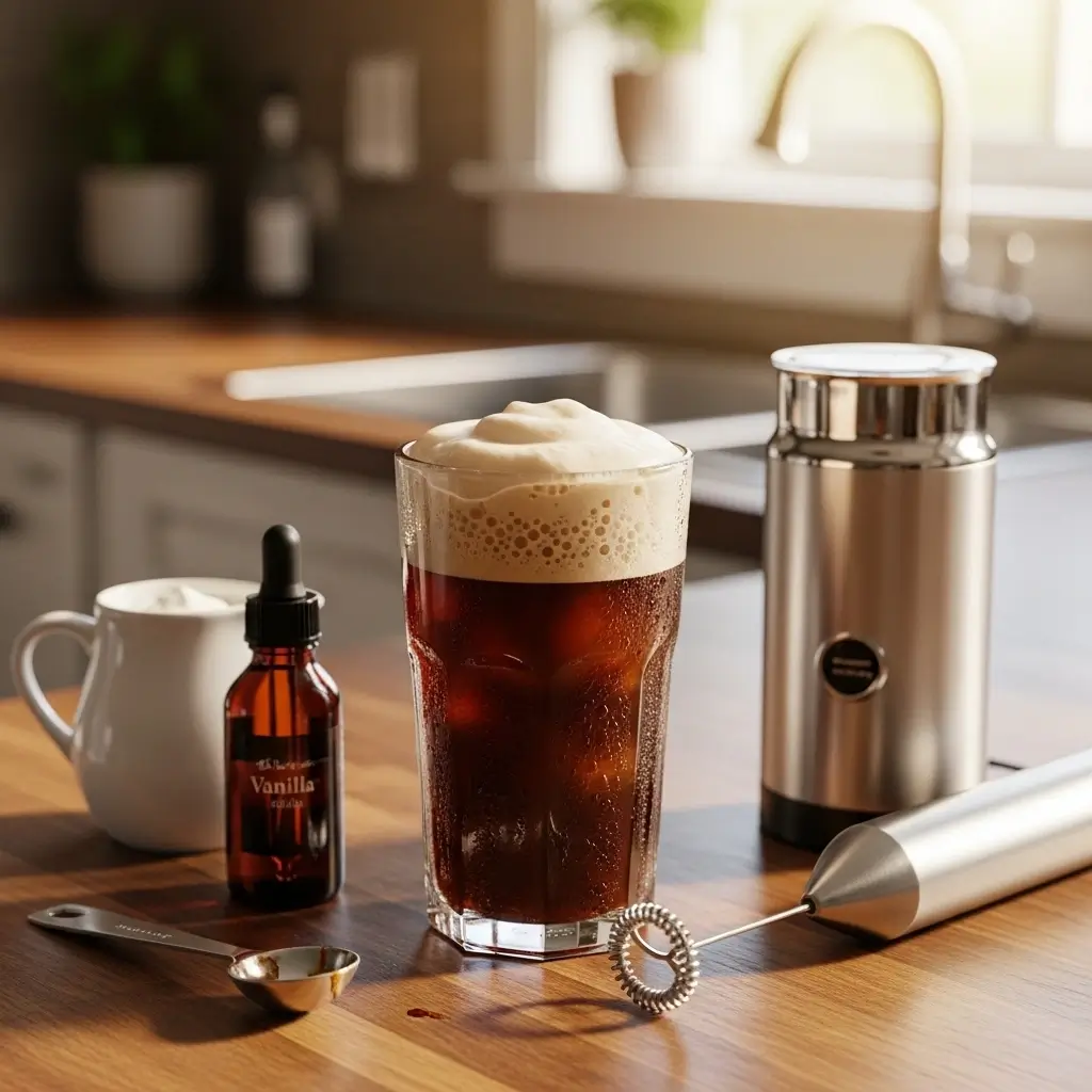 Homemade cold brew with cold foam in glass, surrounded by milk frother, cream, and vanilla on wooden kitchen counter.
