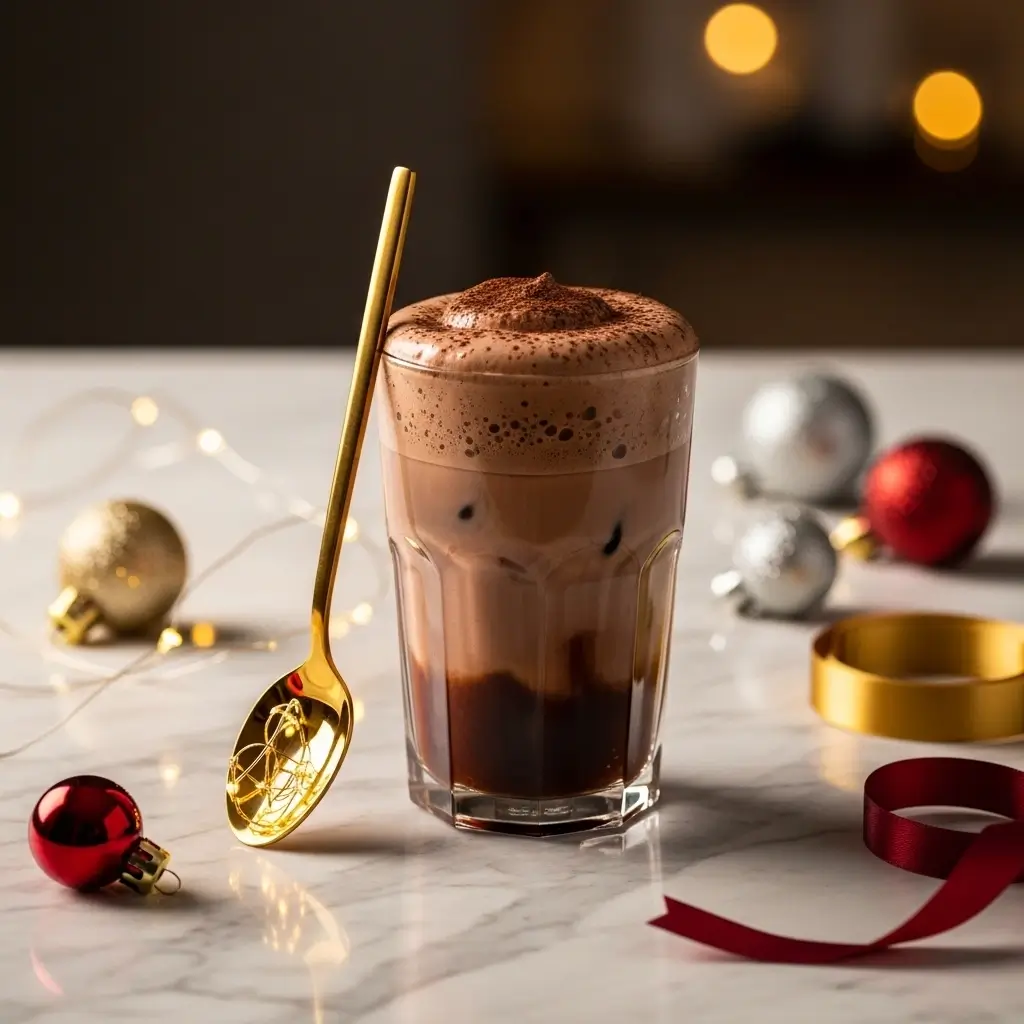 Chocolate cream cold foam cold brew with cocoa dust on marble, festive lights and elegant holiday decor.