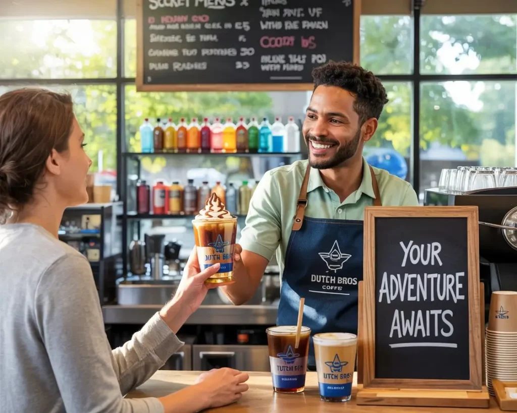 Dutch Bros barista serving a colorful custom drink with syrup bottles and secret menu hints on chalkboard.