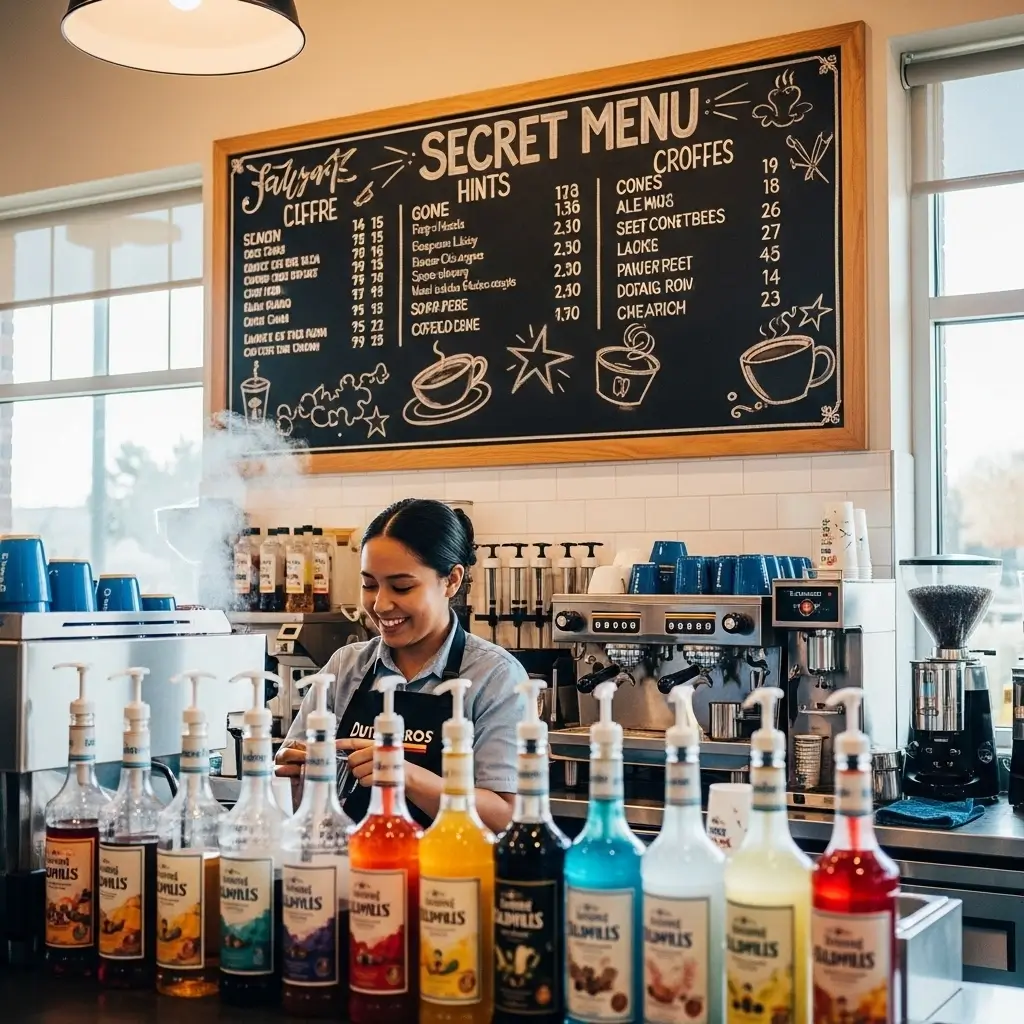 Dutch Bros coffee counter with syrup bottles, barista making a drink, and secret menu chalkboard.