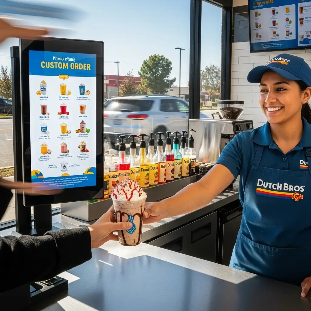 Dutch Bros barista taking a custom order at drive-thru with syrup bottles and personalized drink.