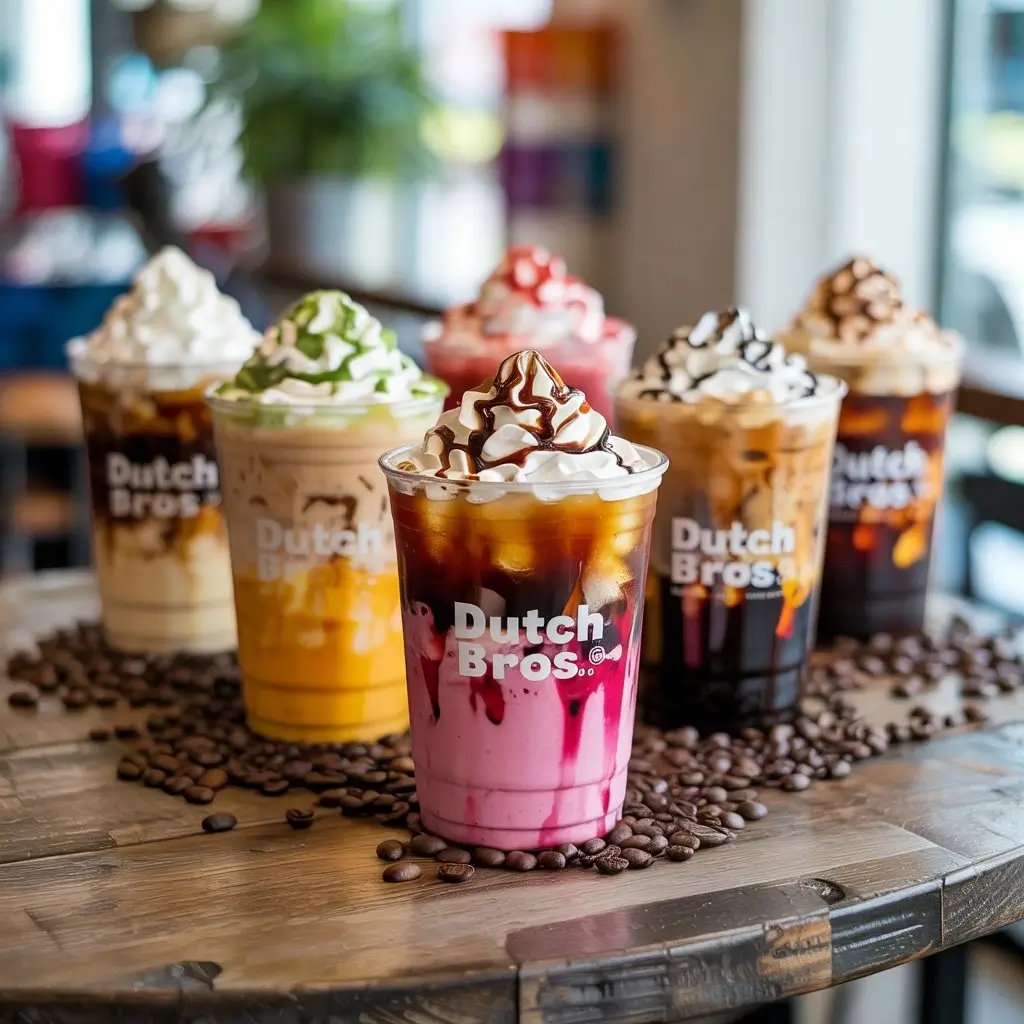 Variety of Dutch Bros secret menu drinks with colorful syrups and whipped cream on wooden table.