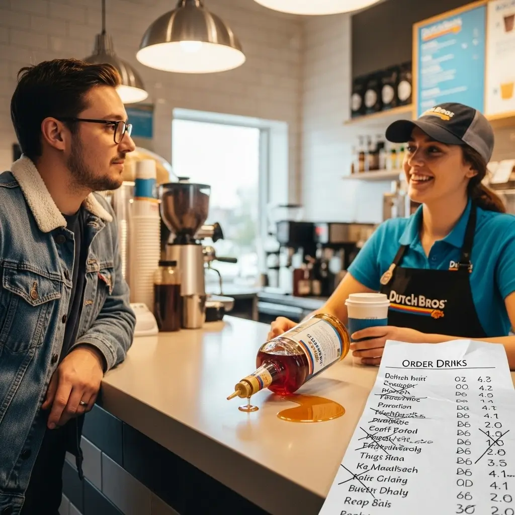 Customer and barista discussing order with spilled syrup bottle and crossed-out mistakes on list at Dutch Bros counter.