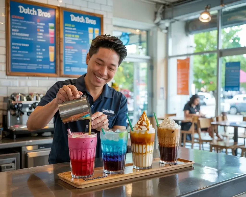 Dutch Bros coffee shop interior with full menu board, barista preparing drinks, and iced coffees on counter.