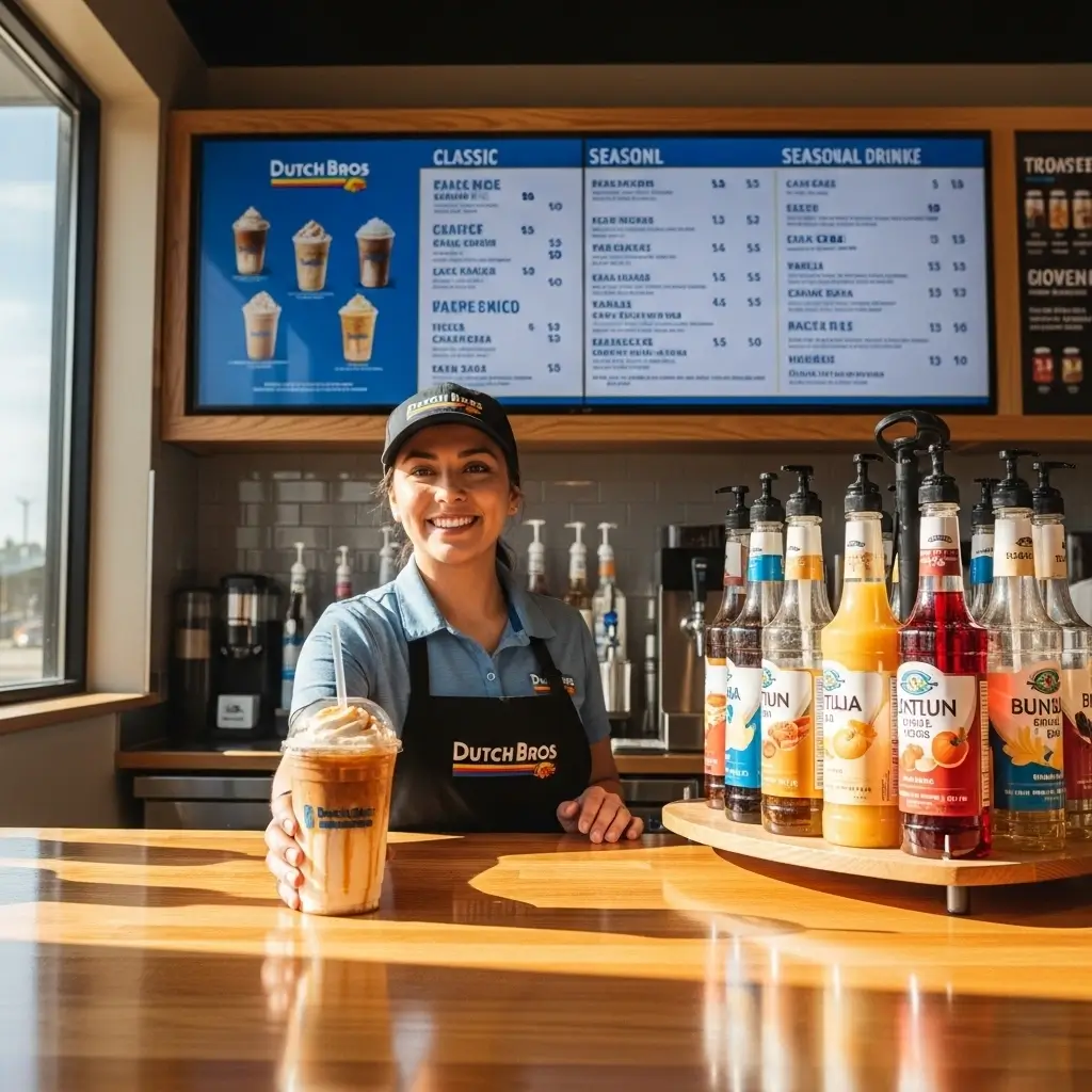 Dutch Bros café counter with detailed menu board, syrup bottles, and barista serving iced coffee.