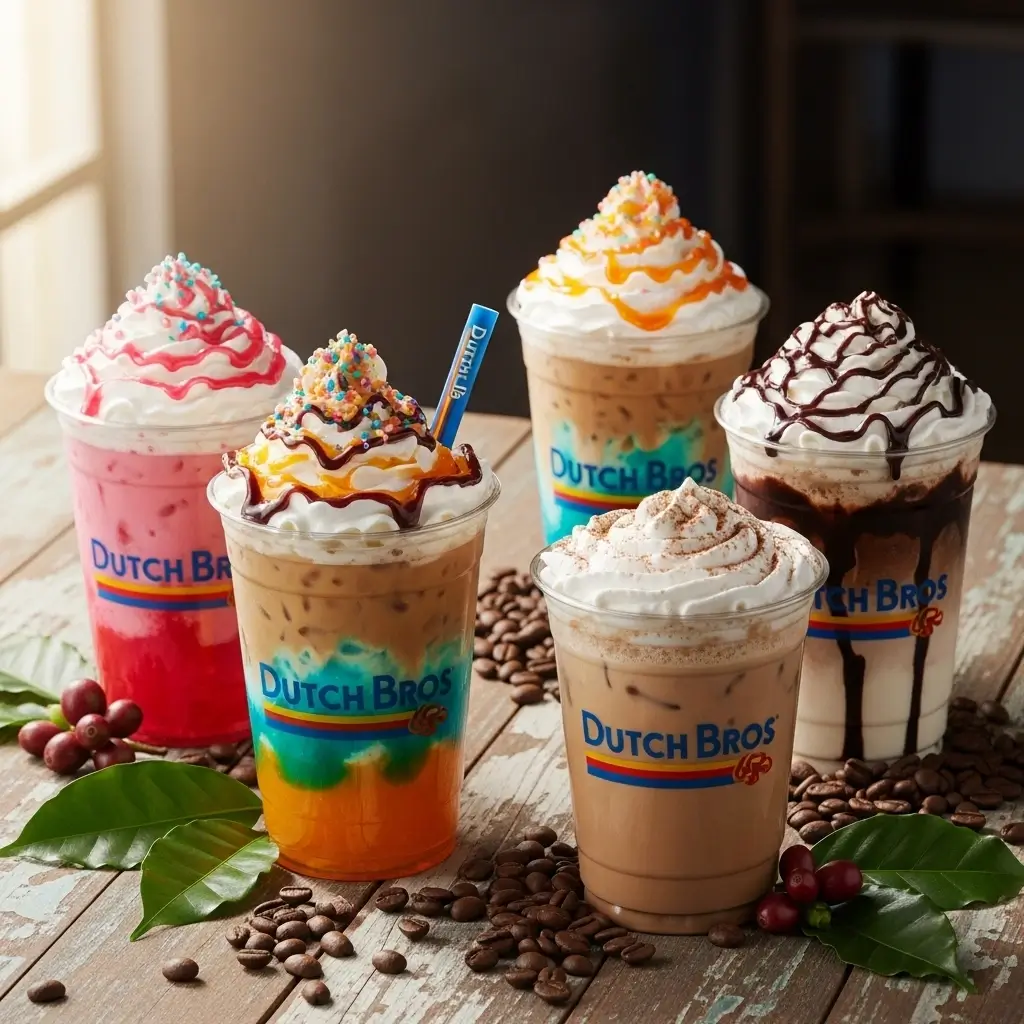 Top Dutch Bros coffee drinks for 2025 with iced and hot beverages, whipped cream, and colorful syrups on wooden table.