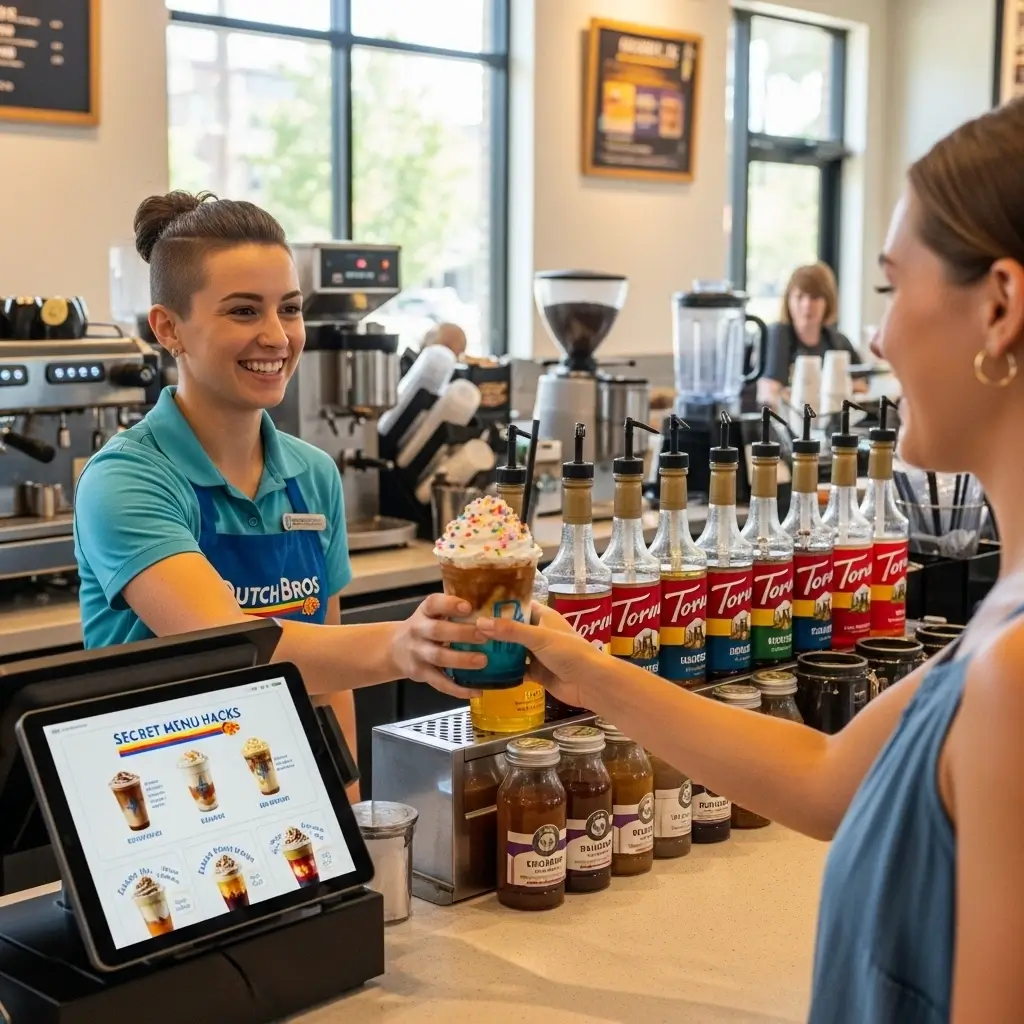 Dutch Bros barista giving a custom iced coffee with colorful syrups and digital secret menu hacks visible.