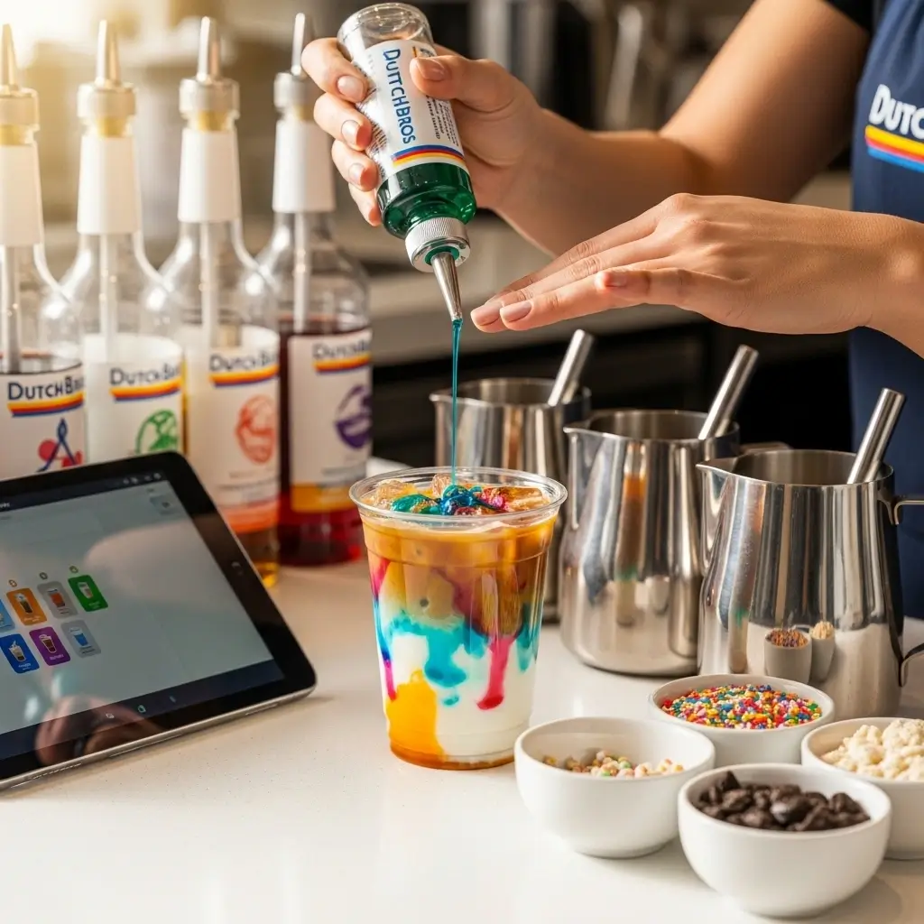 Dutch Bros barista customizing iced coffee with syrup bottles and digital ordering screen.
