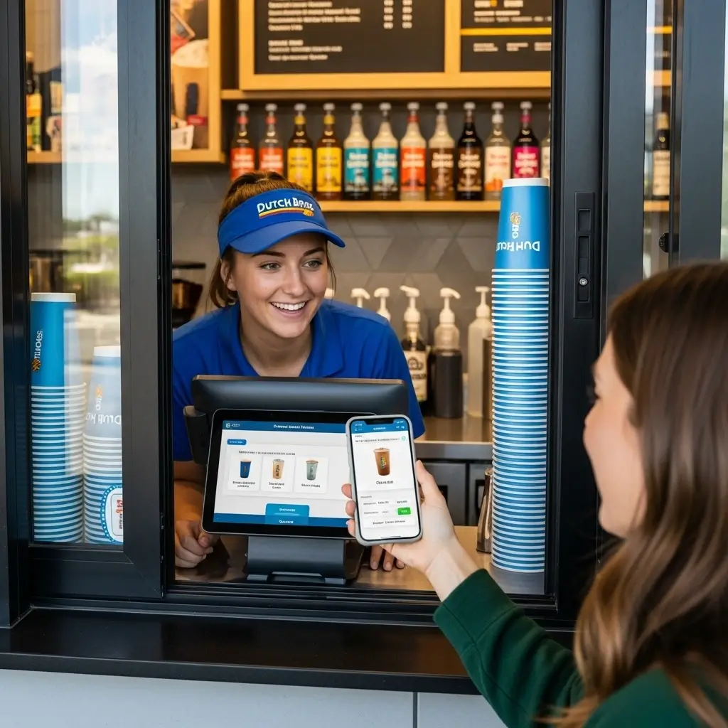 Dutch Bros barista taking custom order at drive-thru with customer phone showing app order and syrup bottles.