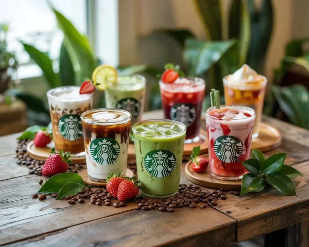 Healthy Starbucks drinks lineup with iced coffees, matcha lattes, and refreshers on wooden table.