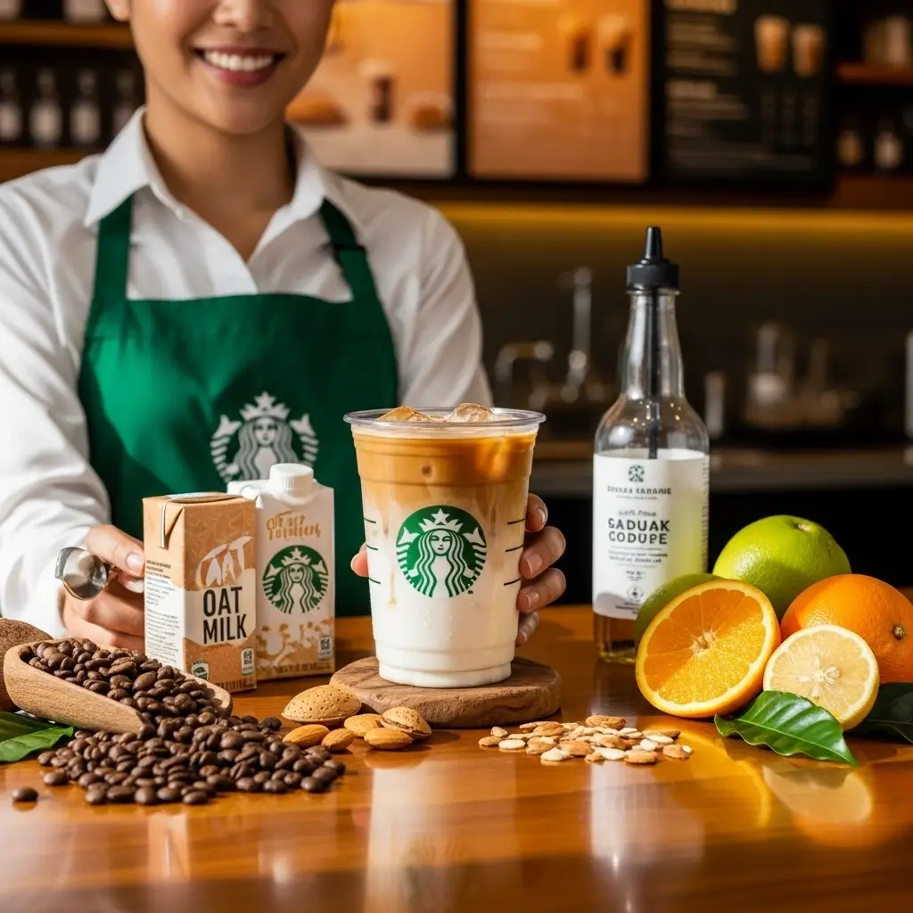 Starbucks barista holding iced coffee with almond milk, coffee beans, and fruit slices on counter.