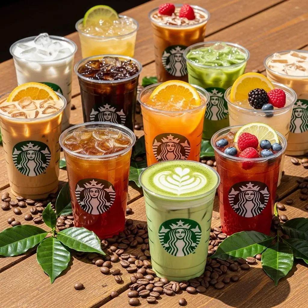Top 10 healthy Starbucks drinks in clear cups with coffee beans and fruit slices on wooden table.