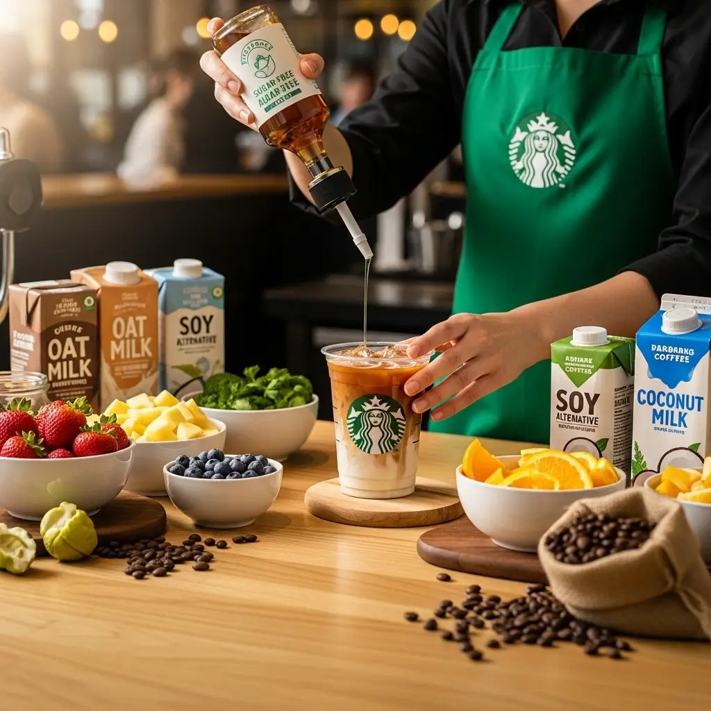 Starbucks barista customizing iced coffee with almond milk, sugar-free syrup, and fresh fruit.
