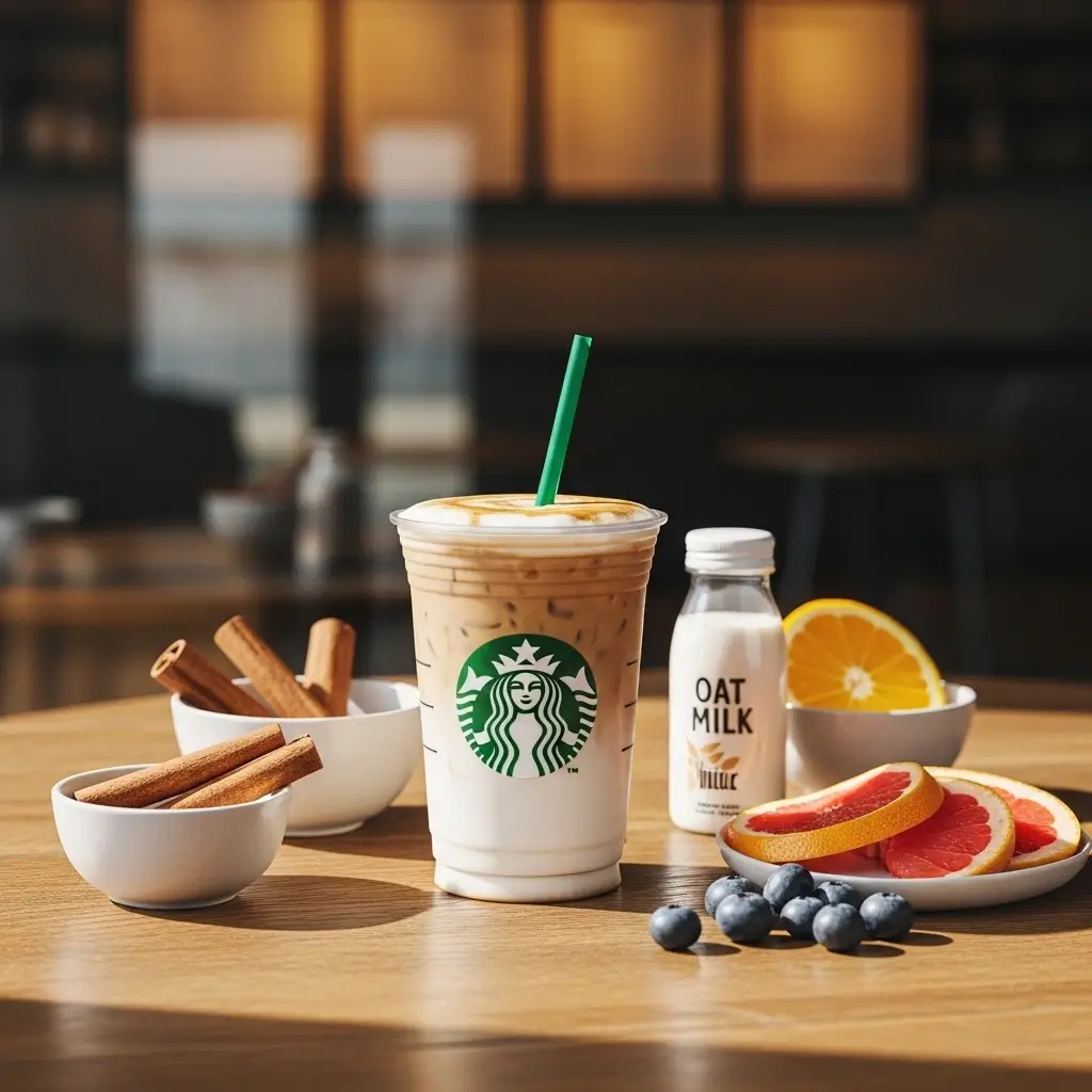 Healthy Starbucks iced coffee with almond milk, cinnamon, and fresh fruit on café table.